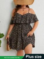 【Plus Size】Ditsy Floral Print Cold Shoulder Ruffle Trim A Line Dress, Boho Romantic Short Dress for Beach Vacation Holida...