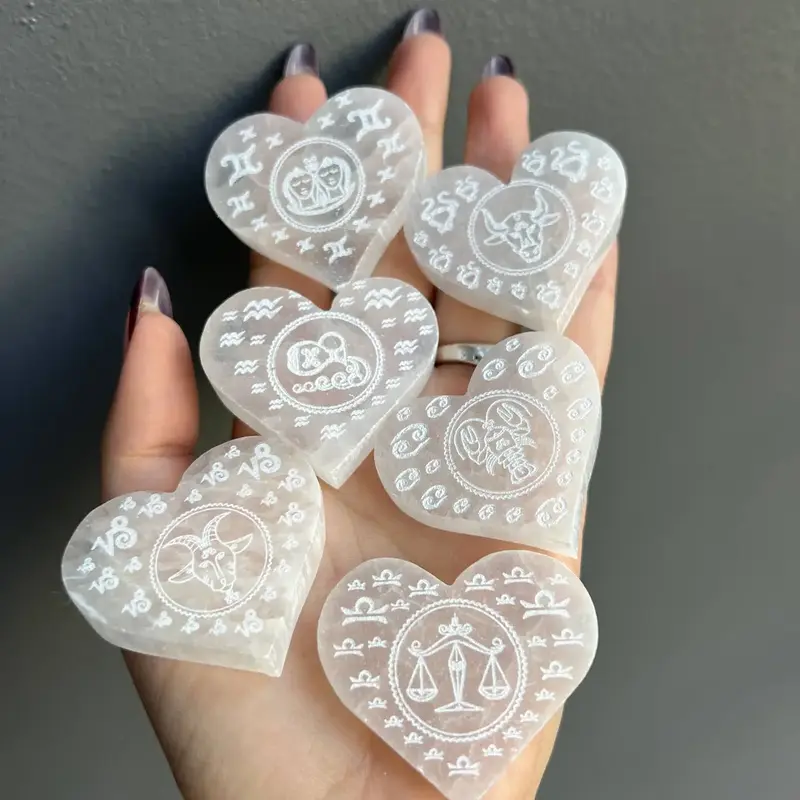 Selenite Etched Zodiac Heart Crystal Carving