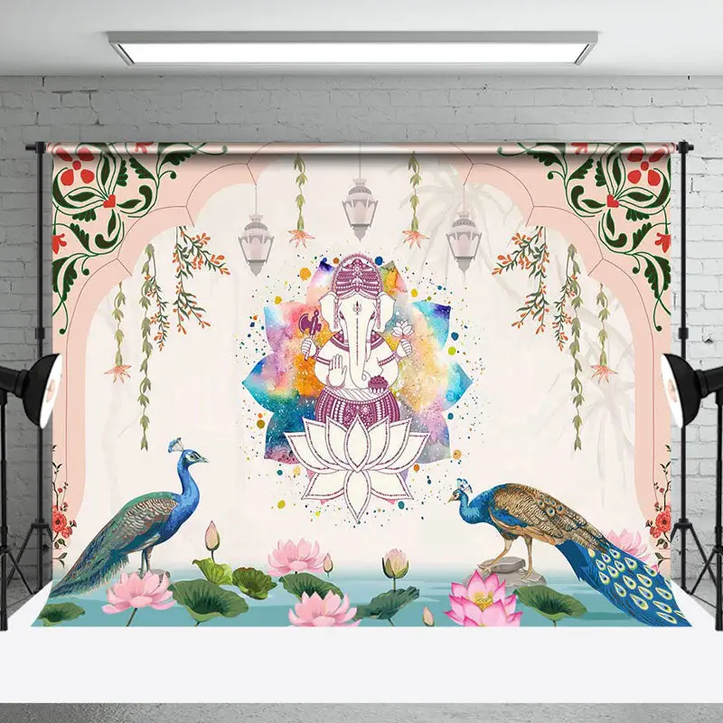 Peacock Pink Lotus Hinduism Ganesha Worship Backdrop