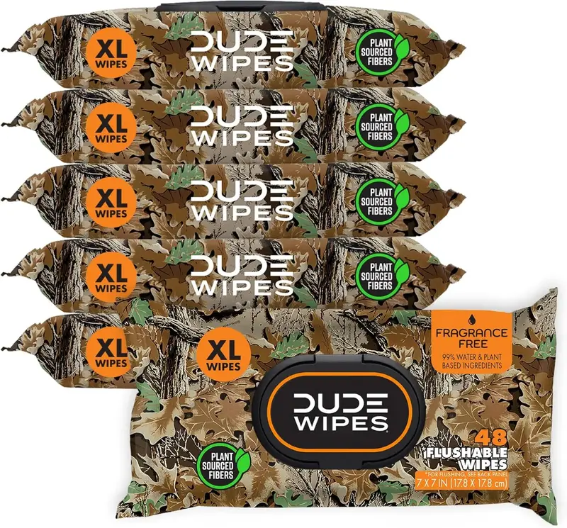 DUDE Wipes - Extra Large Flushable Wet Wipes - (6 Pack) 48 Count, 288 Wipes Total - Extra Large Camouflage Unscented with Vit...