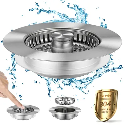JOMST 3-in-1 Kitchen Sink Drain Strainer, Stainless Steel Sink Plug, Deodorizing Anti-Clog Basket Strainer for US Standard 3-...