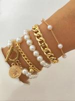 Faux Pearl Decorated White Beaded Bracelet & Link Chain Bracelet, 5 Styles Bracelet Set for Women & Girls, Fashion Layers Jew...