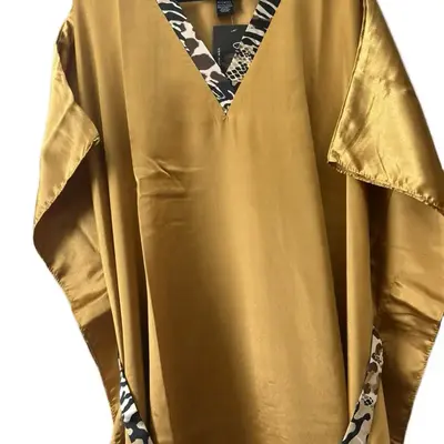 Plus Size Kaftan Dress for Women - Casual Spring/Summer Home Dress with V-Neckline and Side Sleeves in Golden Color