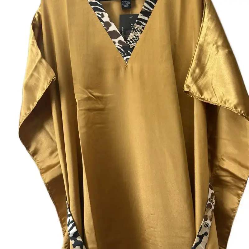 Plus Size Kaftan Dress for Women - Casual Spring/Summer Home Dress with V-Neckline and Side Sleeves in Golden Color