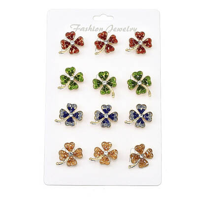 12Pcs 4 Colors Clover Alloy Rhinestone Brooches for Backpack Clothes