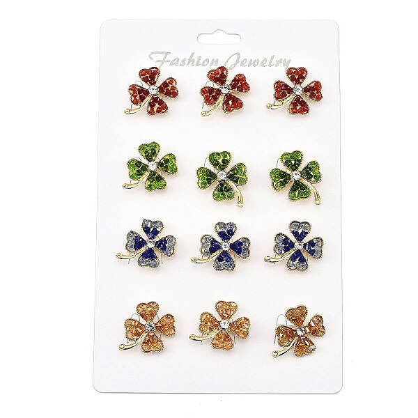 12Pcs 4 Colors Clover Alloy Rhinestone Brooches for Backpack Clothes