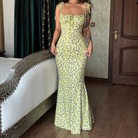 Floral Print Sleeveless Cami Maxi Dress Women's 2025 Summer Holiday Vacation Outfit Bodycon Wear Spaghetti Strap Lace Tie Fro...