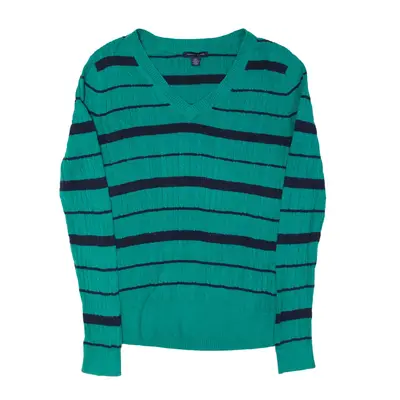 TOMMY HILFIGER Patterned Jumper Green Striped Cable Knit V-Neck Womens S