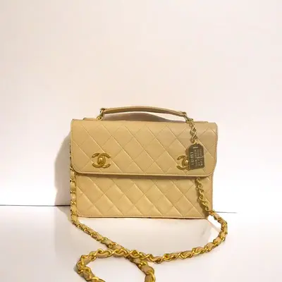 Pre-owned CHANEL lambskin Shoulder Bags Ultra Rare Vintage Beige Double Turnlock Single Flap Briefcase Bag Gold Hardware