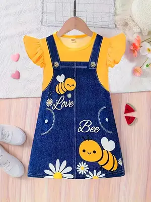Cute Cartoon Bee & Denim-effect Print  Dress, Casual Short Sleeve   Dress for Summer, Kids Clothes for Daily Wear