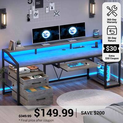 SEDETA 63 Inch Office Computer Desk LED Gaming Desk with Lock Drawers Grey Home Office Furniture