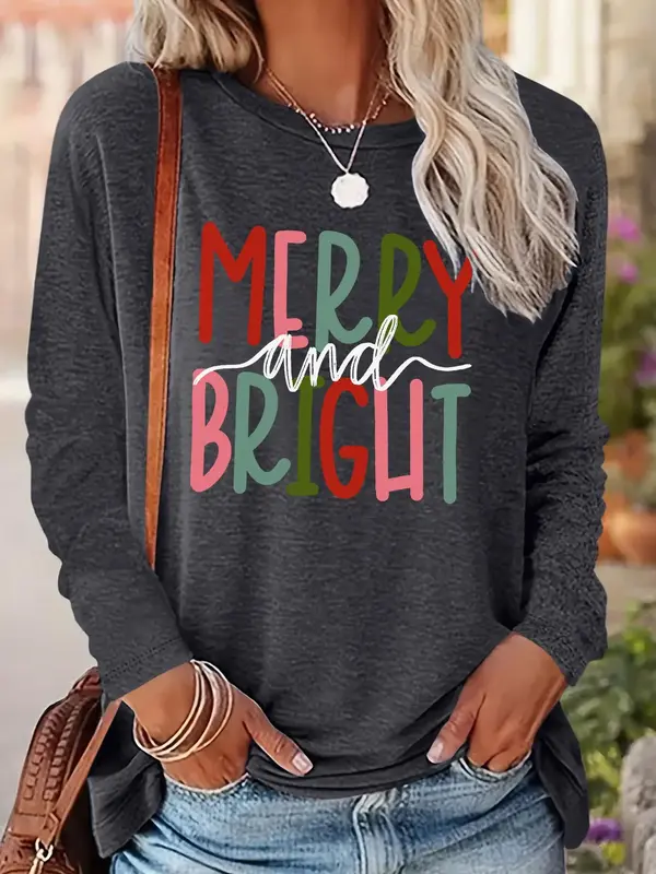 Women's Christmas Letter Print Drop Shoulder T-shirt, Casual Long Sleeve Round Neck Tee for Fall & Winter, Ladies Clothes for...