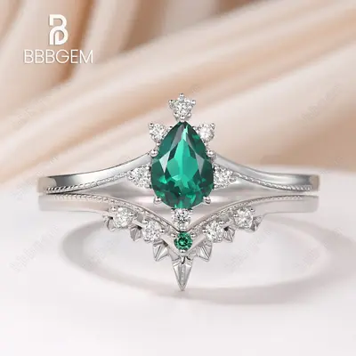 14K/18K Rose Gold Green Emerald Art Deco Bridal Set Moissanite Diamond And Emerald