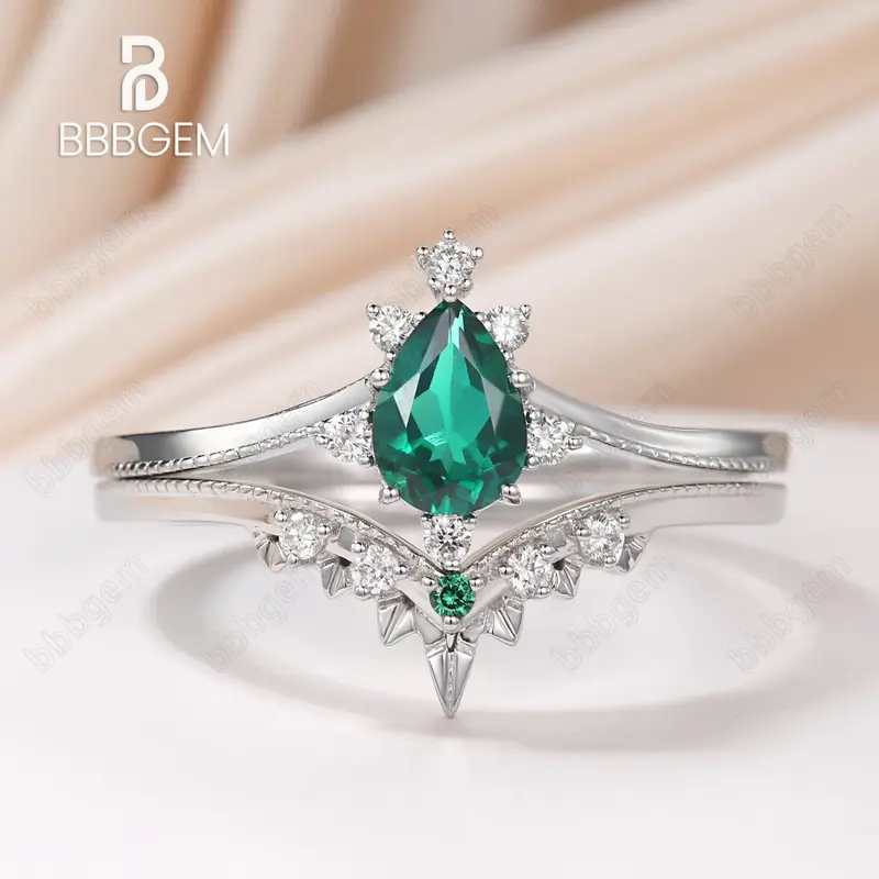 14K/18K Rose Gold Green Emerald Art Deco Bridal Set Moissanite Diamond And Emerald