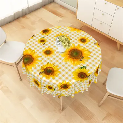 Yellow White Checkered Sunflower Round Tablecloth - Aperturee
