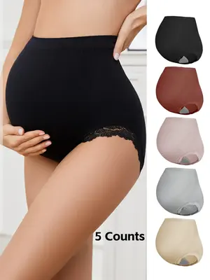 Maternity Solid Color High Waist Panty, Comfortable Breathable Lace Trim Panty for Pregnancy & Postpartum, Maternity Underwea...