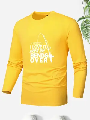 Men's Letter Print Round Neck Tee, Regular Fit Casual Long Sleeve Crew Neck T-Shirt for All Seasons, Men's Top for Outdoor We...