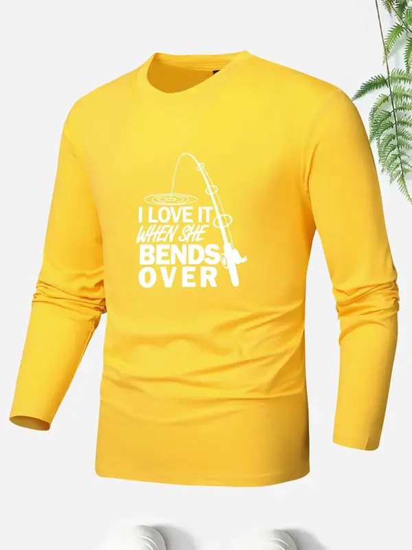 Men's Letter Print Round Neck Tee, Regular Fit Casual Long Sleeve Crew Neck T-Shirt for All Seasons, Men's Top for Outdoor We...