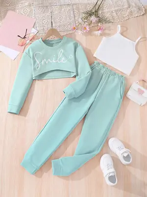 Three-Piece Set Girl's Letter Print Crop Sweatshirt & Pocket Elastic Waist Pants & Cami Top Set, Casual Fashion Cozy Three-pi...