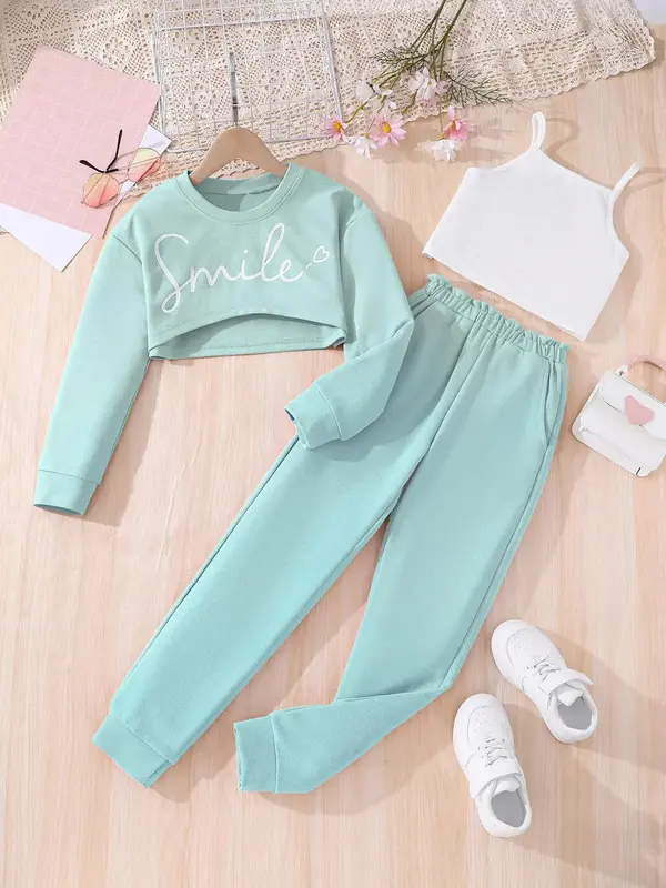 Three-Piece Set Girl's Letter Print Crop Sweatshirt & Pocket Elastic Waist Pants & Cami Top Set, Casual Fashion Cozy Three-pi...