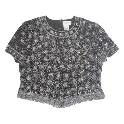 PAPELL BOUTIQUE Beaded Womens Printed Top Black Silk Floral XL