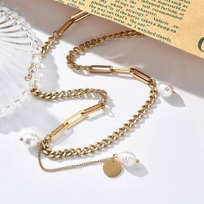 Ion Plating(IP) 304 Stainless Steel & Plastic Pearl Rice Pendant Necklaces for Women