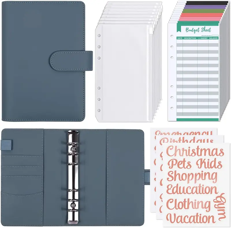 A6 Budget Binder, Money Organizer for Cash with 8pcs Zipper Envelopes,12pcs Expense Budget Sheets & 24 Rose Gold Sticky Label...