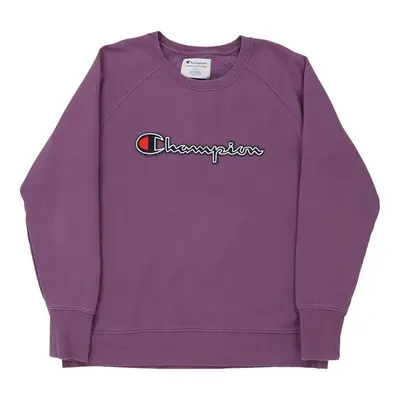 Champion Spellout Sweatshirt - Large Purple Cotton Blend