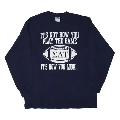 GILDAN Heavyweight Pre-Shrunk Football USA T-Shirt Blue Long Sleeve Mens XL