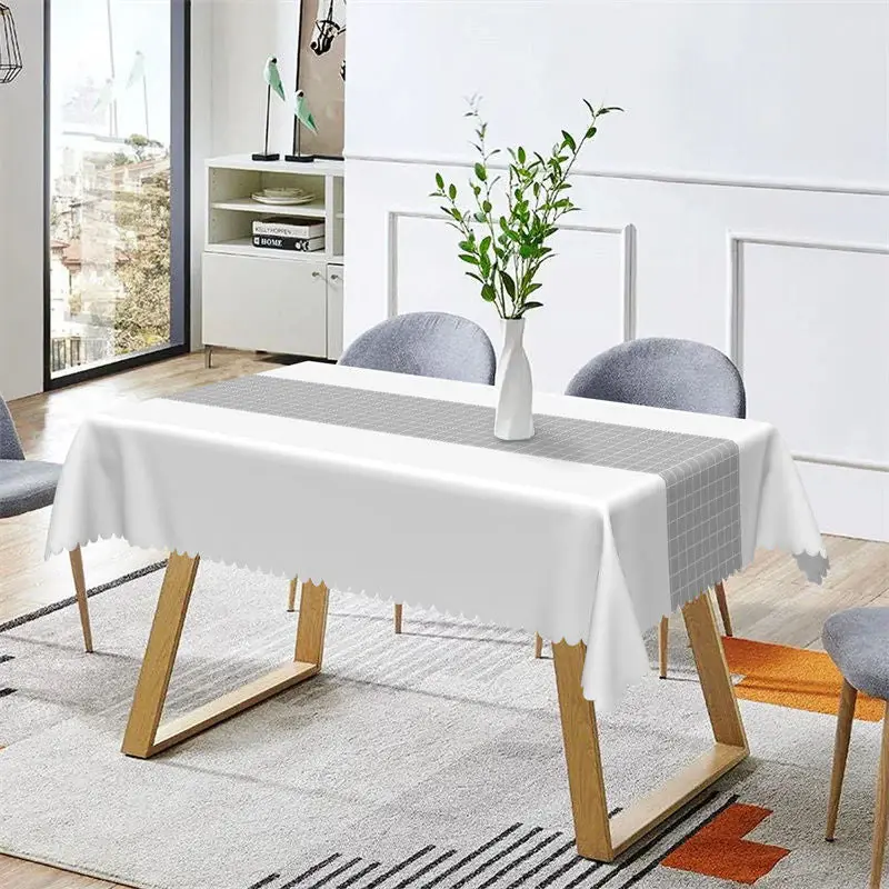 Modern White Grey Plaid Lines Rectangle Tablecloth - Aperturee