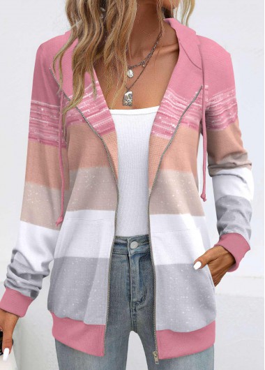Modlily Pink Pocket Geometric Print Long Sleeve Hoodie - XXL