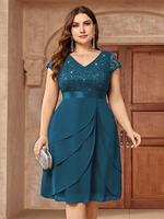 【Plus Size】MISSMAY Women's Plus Size Formal Wear Sequin Lace Pleated Ruffle Tiered V Neck Chiffon Minimalist Cocktail Par...