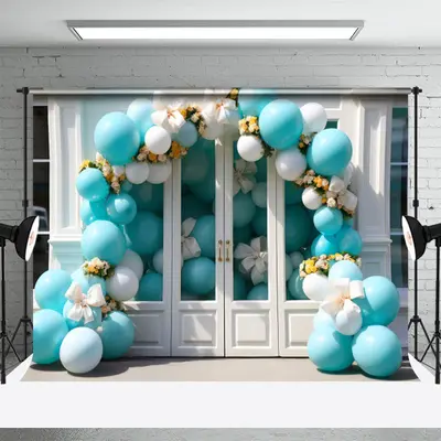 Blue Arch Balloons And White Door Birthday Backdrop - Aperturee