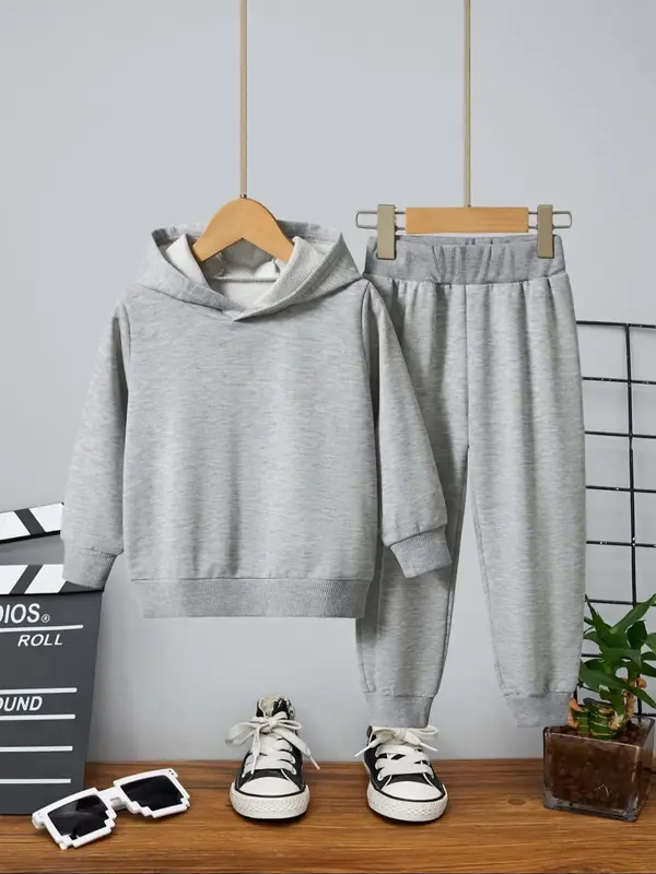Toddler Boy's Solid Long Sleeve Hoodie & Elastic Waist Pants Two-piece Set, Casual Hooded Sweatshirt & Jogger Pants for Fall ...