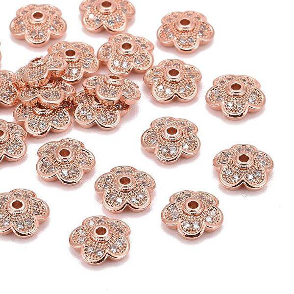 5-Petal Brass Micro Pave Clear Cubic Zirconia Bead Caps