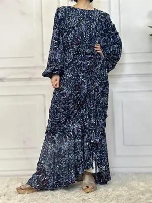 Women's Ditsy Floral Print Ruched Adjustable Belted Dress, Casual Long Sleeve Round Neck Maxi Dress for Daily Wear, Ladies Cl...