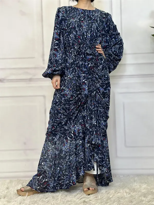 Women's Ditsy Floral Print Ruched Adjustable Belted Dress, Casual Long Sleeve Round Neck Maxi Dress for Daily Wear, Ladies Cl...