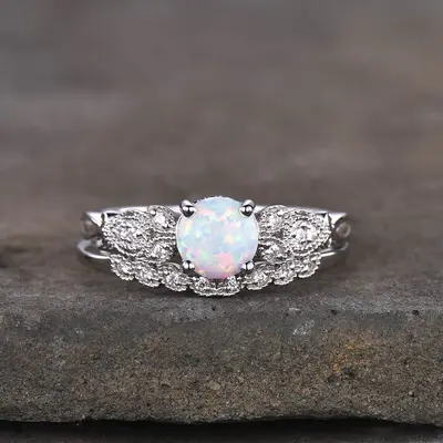 Floral White  Opal Engagement Ring Set  14k/18k White Gold Leaf Diamond