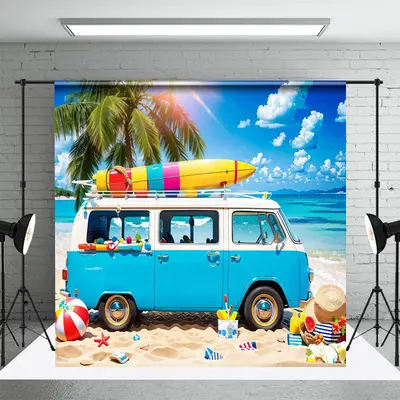 Blue Camping Bus Sky Beach Holiday Summer Backdrop - Aperturee