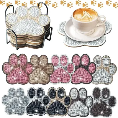 10 irregularly shaped dog claw patterned artificial diamond painted coasters DIY crystal diamond painted wooden table art coa...