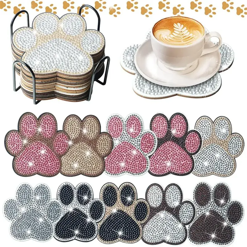 10 irregularly shaped dog claw patterned artificial diamond painted coasters DIY crystal diamond painted wooden table art coa...