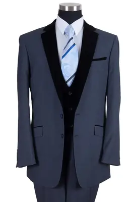 Modern Fit Navy Blue Men's Tuxedo Suit with Black Velvet Lapel & Vest