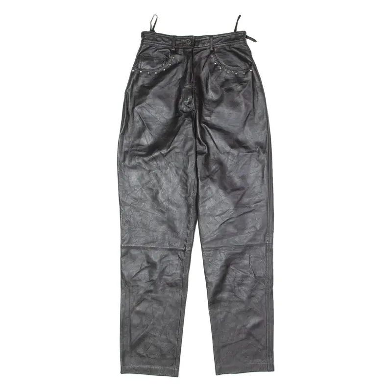 JULIA S ROMA Studded Womens Leather Trousers Black Slim Straight 90s W26 L30