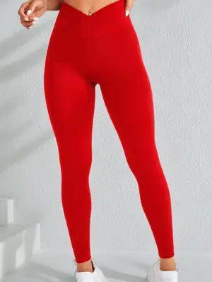 Women's Solid V-cut Criss Cross High Waist Sports Leggings, Seamless Tummy Control Butt Lifting Skinny Pants, Ladies Sportswe...