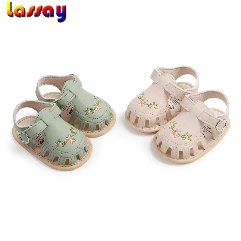 Baby Girl Sandals, PU Leather Non-slip Embroidery Flower Summer Flats Toddler Shoes for Casual Daily