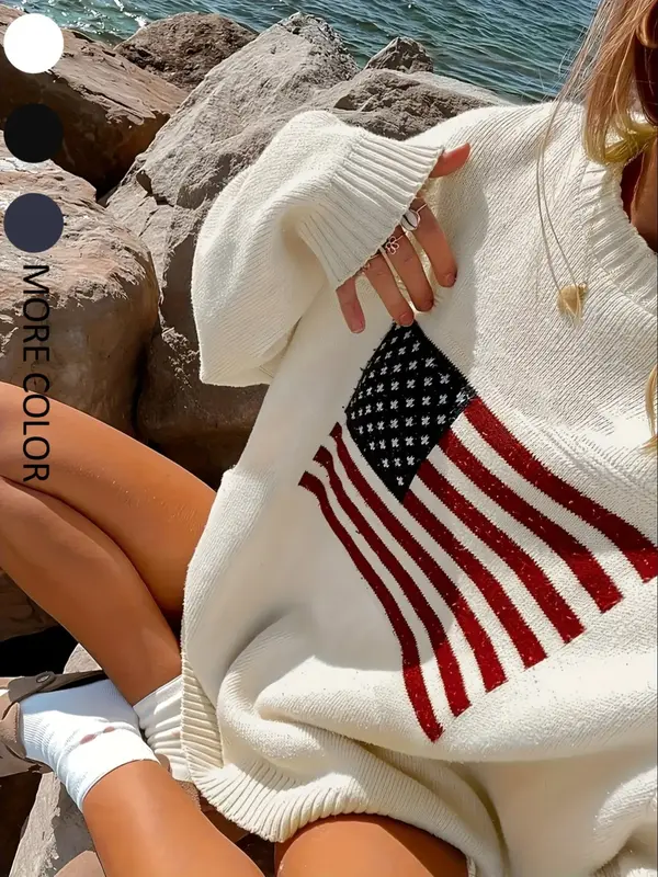 Women's Striped Print Drop Shoulder Crewneck Sweater, Street Casual Long Sleeve Round Neck Jumper for Spring & Fall, Women's ...
