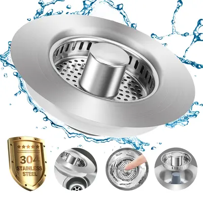 3 in 1 Kitchen Sink Drain Strainer, 304 Stainless Steel Sink Plug with Anti-Clog Basket, Pop Up Sink Stopper for US Standard ...