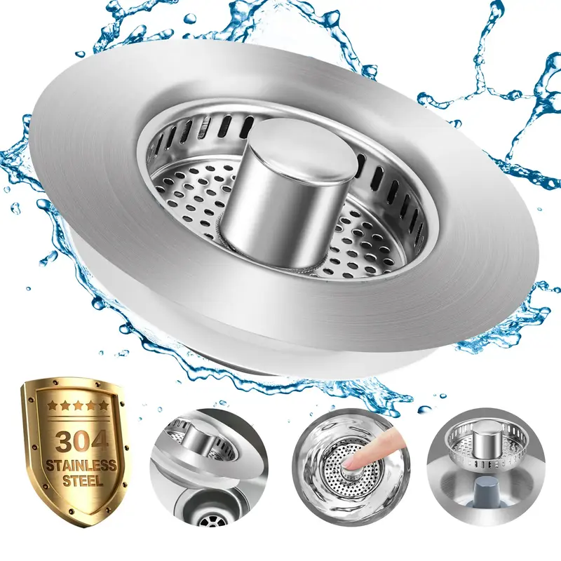 3 in 1 Kitchen Sink Drain Strainer, 304 Stainless Steel Sink Plug with Anti-Clog Basket, Pop Up Sink Stopper for US Standard ...