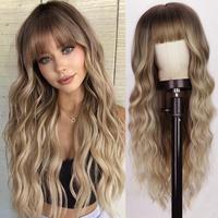 Blonde Wig With Bangs Long Wavy Curly Ombre Blond Wig with Dark Root Synthetic Heat Resistant Wigs for Women Outdoorfun Daily...