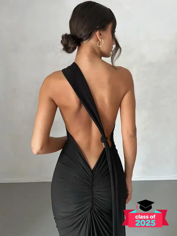 Women's Asymmetrical Ring Linked One Shoulder Bodycon Dress, Elegant Fit Flirtatious Ruched Backless Maxi Dress for Party Clu...